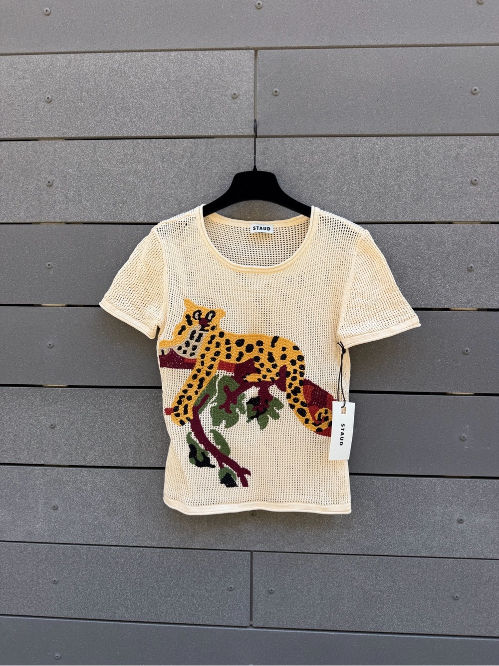 STAUD Cream Mesh Leopard Motif Short Sleeve Top